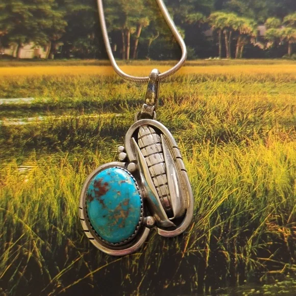 Vintage Native American Navajo Turquoise Pendant Wilson Padilla - Picture 2 of 10